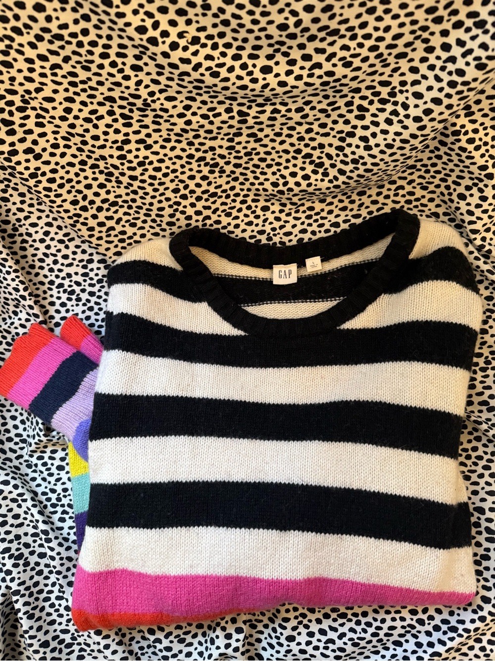 GAP Black, White & Rainbow Classic “Crazy” Stripe Crewneck Sweater - Picture 3 of 5